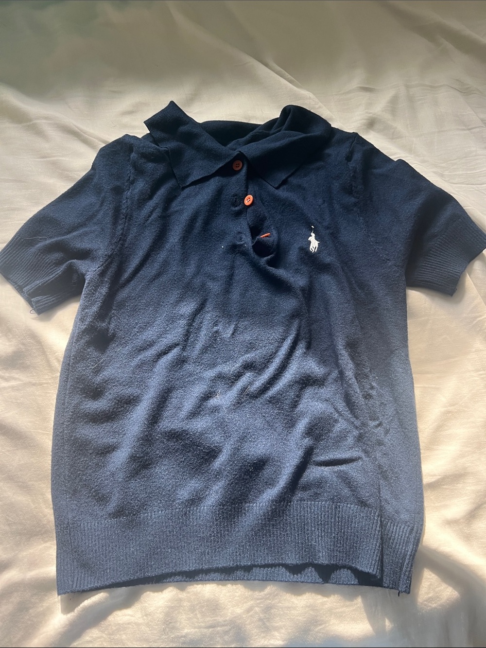Navy Short-Sleeve Polo Sweater with Embroidered Logo